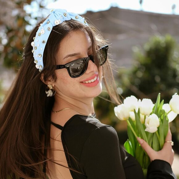 Blue Headband Pearl Knotted Headband Sparkly Rhinestone Pearls Top Knotted Headb - Picture 5 of 7